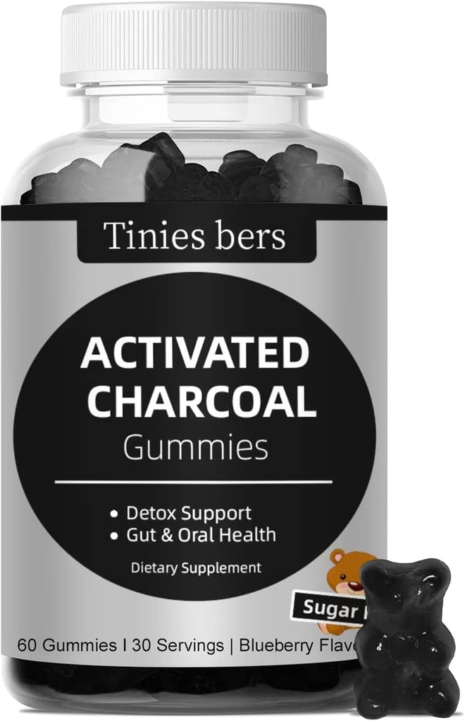 Aktiverade Charcoal Gummies Sugar Free, 400mg Charcoal Supplements från Coconut, Quicker to Cleanse, Detox, Gas Relief, Gut & Oral Health för vuxna och barn, Gluten Free, Non GMO, Vegan, Pectin, 60