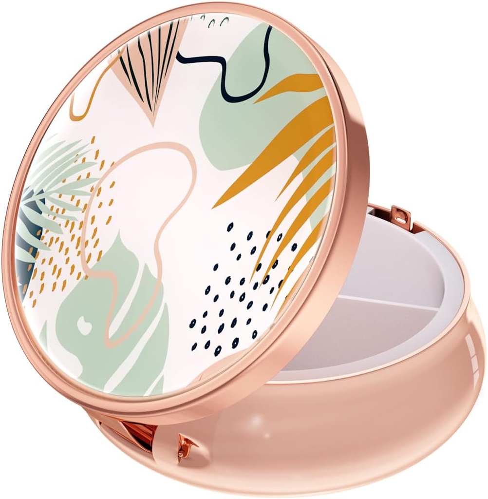 Rouidr Pill Box, 3 Compartment Medicine Pill Case, Small Metal Travel Medicine Box för Purse & Pocket, Rose Gold, Boho Leaves