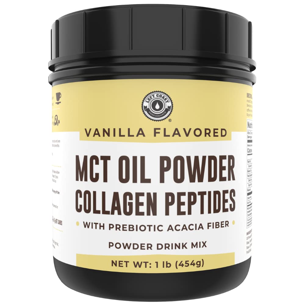 Keto MCT Oil Powder + Collagen + Prebiotic Acacia Fiber, Vanilla Flavor, 16oz. MCT Oil Powder från Coconuts. Grass Fed Collagen, Perfekt för Keto, 0 Net Carb, Stevia, Erythritol, Powdered Drink