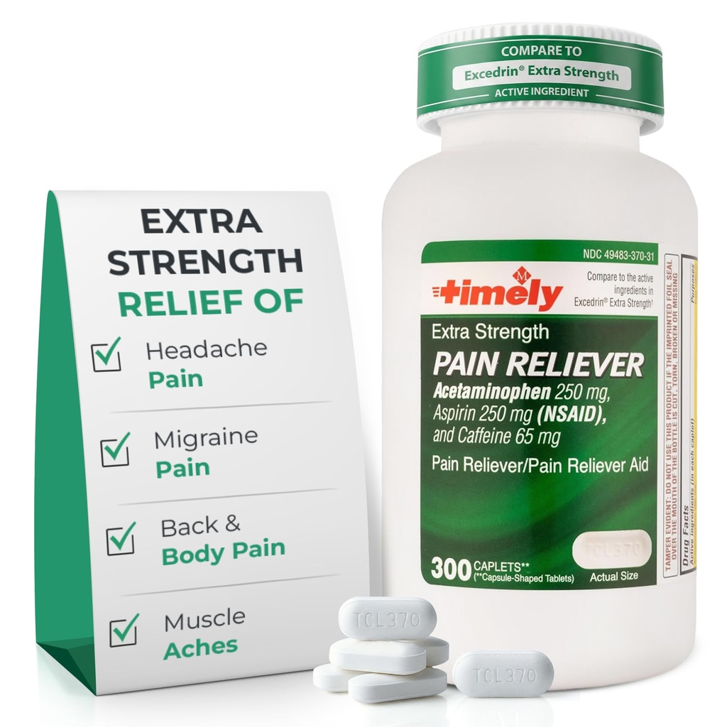 TIME-CAP LABS, INC. Timely Extra Strength Headache Relief - Acetaminophen med Aspirin & Caffeine (300 Caplets) - Huvudvärk, Migraine & Back och Body Pain & Muscle Aches - Extra Strength - Made in USA