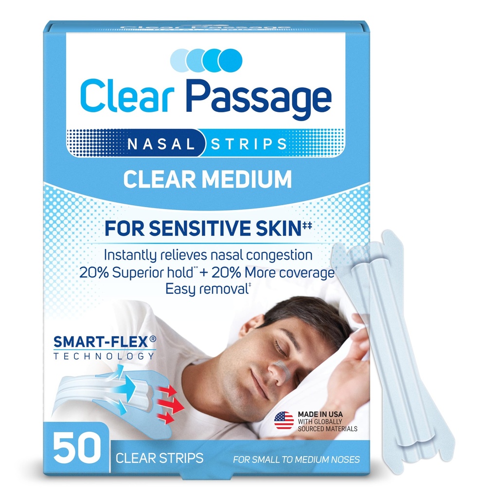 Nasal Strips Medium, Clear, 50 ct | Arbetar omedelbart för att förbättra sömnen, minska snarkning och lindra nasal trängsel på grund av förkylningar och allergier