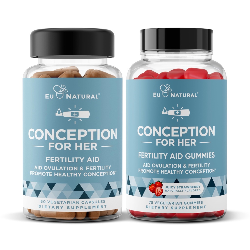 Eu Natural Conception for Her Capsules & Gummies Bundle - Aids Ovulation, Hormonal Balance, & Regular Cycles - 60 kapslar + 75 Strawberry Flavor Gummies