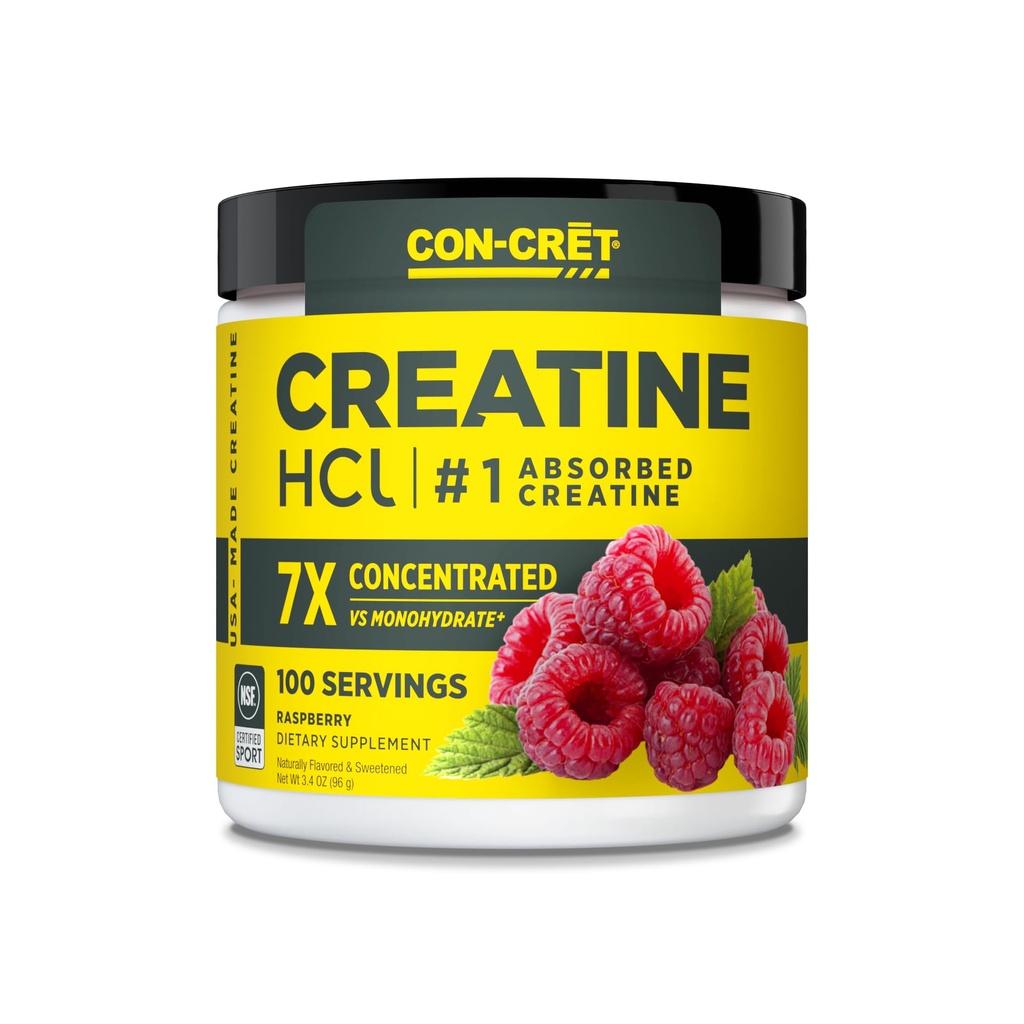 CON-CRET Creatine HCl Powder | Muskel, kognitiv, cellulär energistöd | Inget uppblåst eller kramper | USA Made & NSF Certified | Raspberry (100 servering)