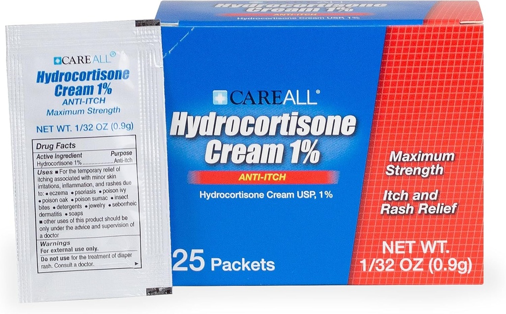 CareAll Hydrocortisone Cream 1% (25 Pack), 0,9gr Foil Packet. Maximal styrka formulering, Anti-Itch Rash Skin Cream Relieves Itching, Eczema, Insect Bites, Poison Ivy och Psoriasis