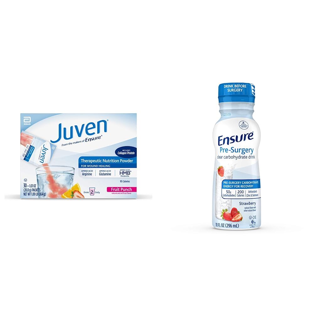 Juven Therapeutic Nutrition Drink Mix Powder för Wound Healing Support, Inkluderar Collagen Protein, Fruit Punch, 30 Count & Ensure Pre-Surgery, Clear Carbohydrate Drink, Strawberry, 10 fl oz, 4 Count