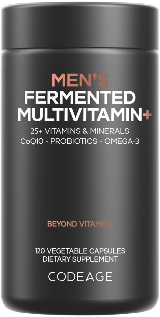 Codeage Mäns dagliga multivitamin - 25 + väsentliga vitaminer och mineraler, organiska hela livsmedel, probiotika, Omega-3, Zink, vitamin A, B, C, D, E & K - 120 kapslar
