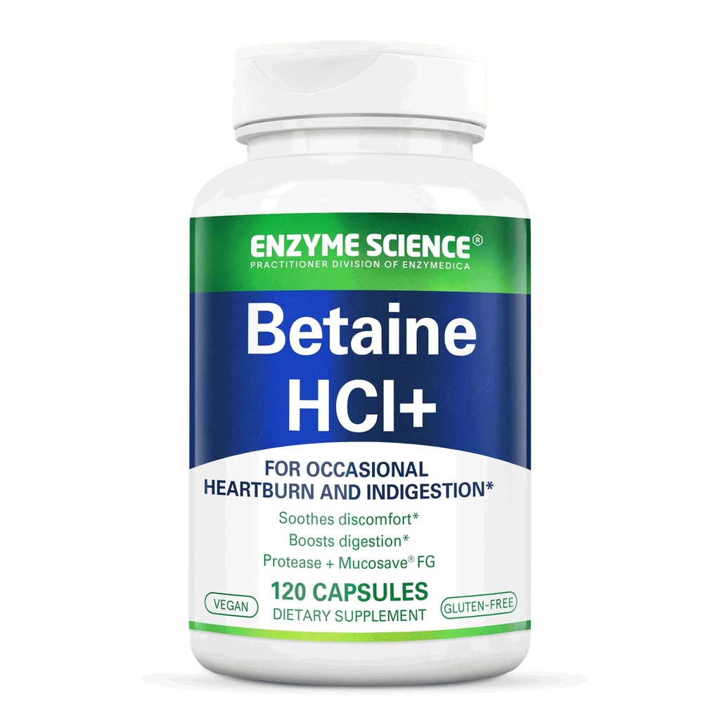 Enzym Science Betaine HCl med Pepsin - Tillägg för låg magsyra - Betaine Hydrochloride Supplement - Digestive Enzymes - Enzimas Digestivas - 120 kapslar