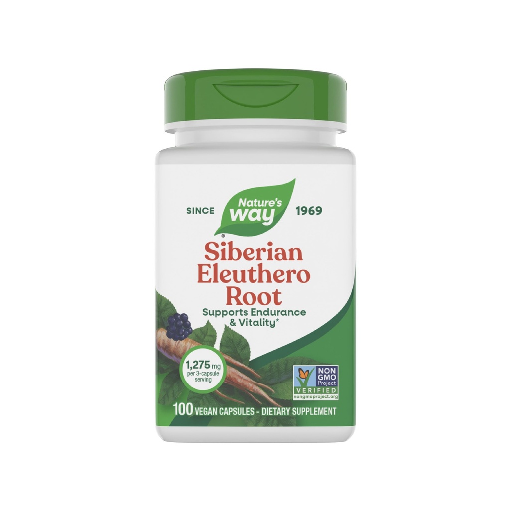 Naturens sätt Premium Herbal Siberian Eleuthero Root Supplement, stöder uthållighet och vitalitet *, Adaptogen *, 1,275 mg per 3-Capsule Servering, Non-GMO Project Verified, 100 kapslar (Packaging May Vary)