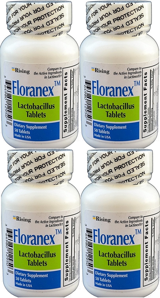 Floranex Probiotic 2 miljoner CFU, Lactobacillus Acidophilus för Colon Digestive Health, Generisk för Lactinex, Shelf Stable No Refrigeration, 50 tabletter per flaska, 4-pack