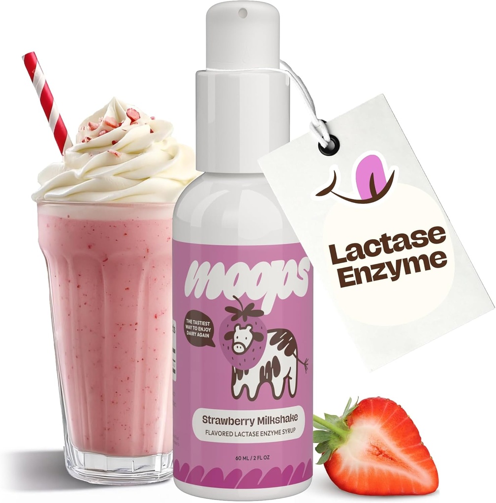 Moops Liquid Lactase Enzyme Syrup 2oz - Delicious Strawberry Milkshake Flavor - 10 000 FCC-enheter för snabbverkande mejerirelief - Anpassningsbar dos för laktosintolerans - Portable Twist-to-Lock Pump