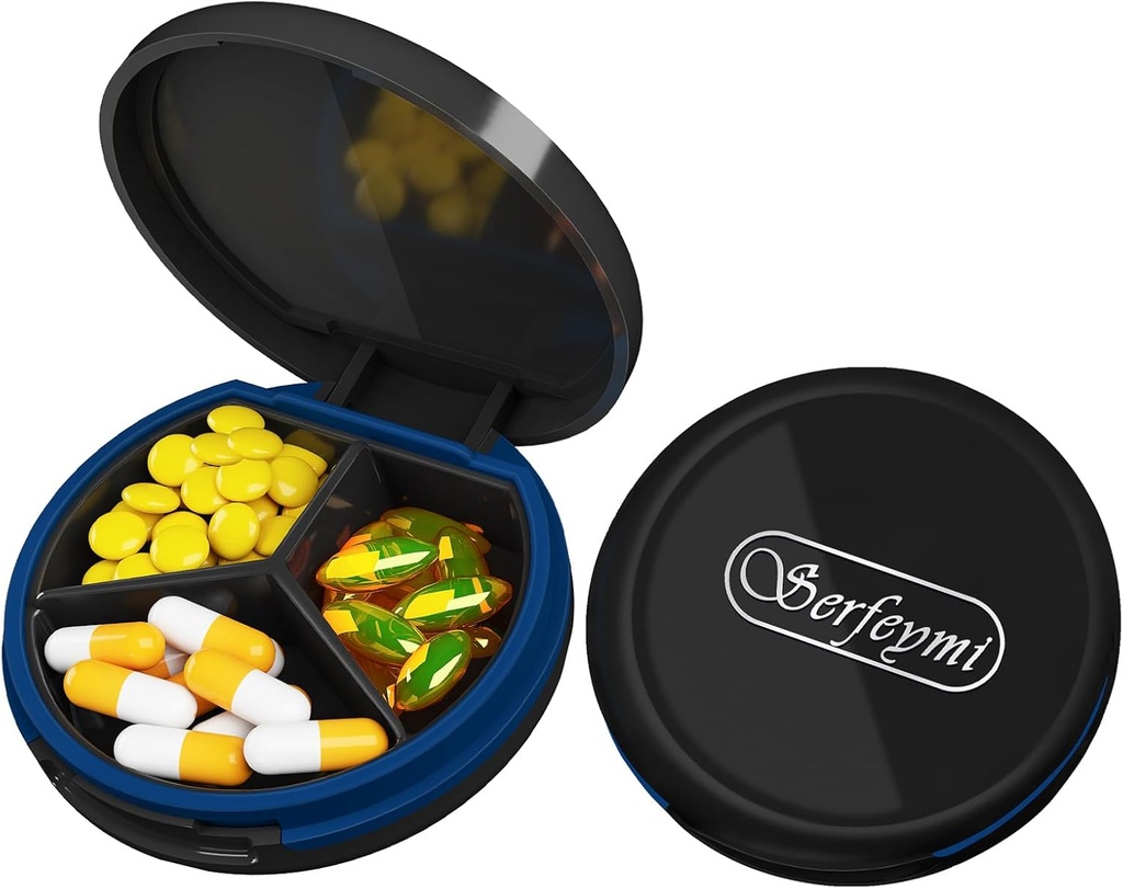 Serfeymi Small Pill Box - 3 Compartments Portable Pill Box för Purse Pocket, Compact Mini Travel Pill Case - Lämplig för medicin, vitamin, fiskolja, kosttillskott - Svart (Logo)