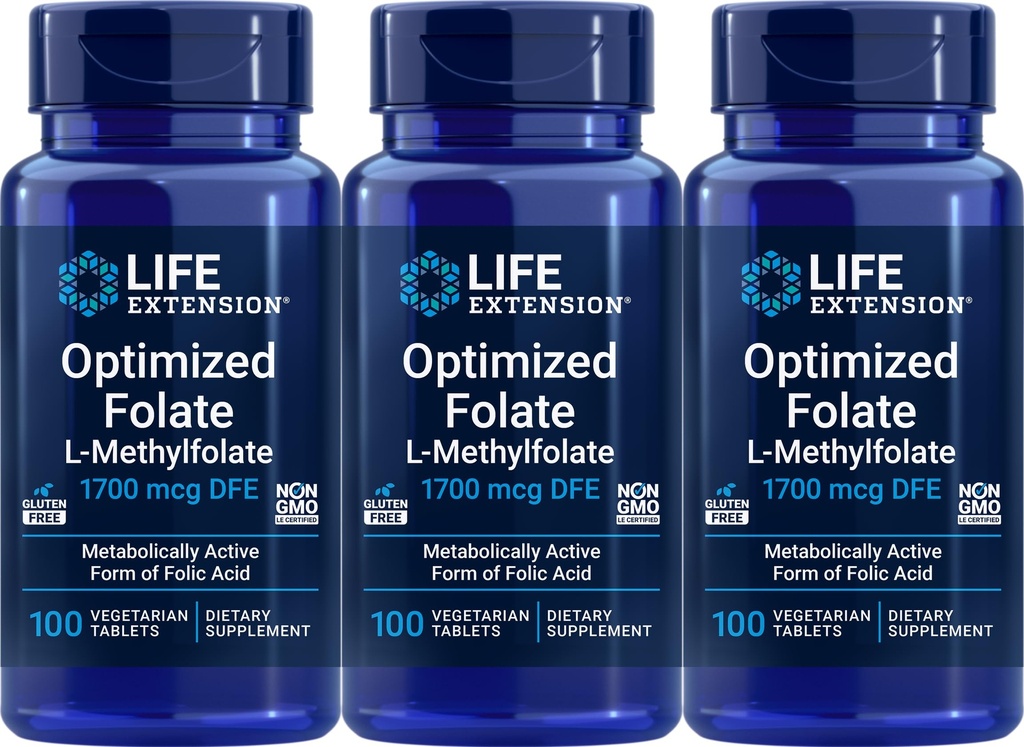 Life Extension Optimized Folate 1700 mcg DFE, 100 vegetariska tabletter (Pack of 3)