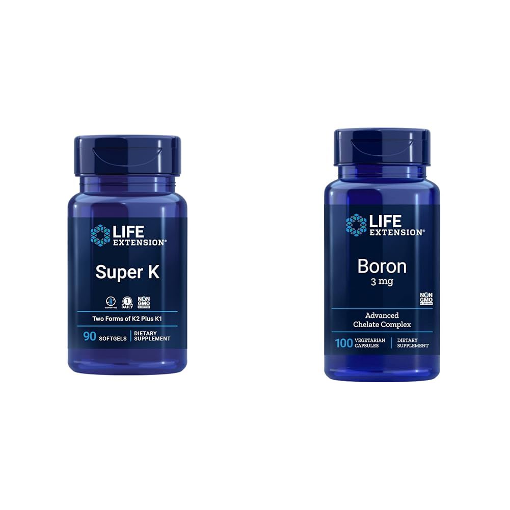 Life Extension Super K Vitamin K1, K2 MK-7, MK-4, Vitamin C, Bone / Heart Health, 3-månaders leverans och Boron 3 Mg 100 Vegetariska kapslar