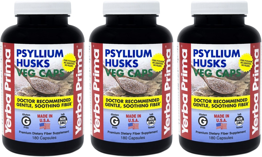 Yerba Prima Psyllium Husks Veg Caps - 180 Count (Pack of 3) - Vegan, Non-GMO, Gluten Free, Colon Cleanser, Daily Fiber Supplement för Gut Health & Regularity