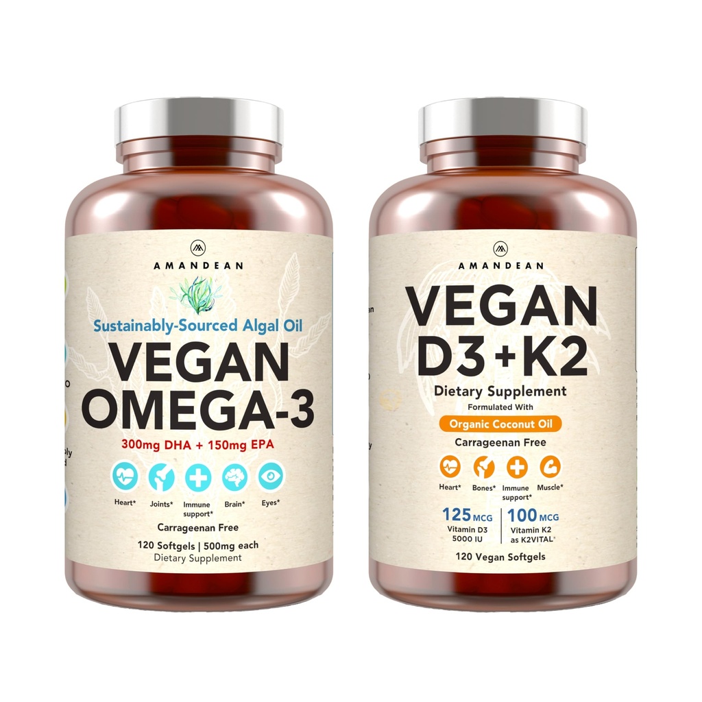 Vegan Powerhouse Combo. Omega-3 från Algal Oil & Vitamin D3 + K2. Plant-Based 5000 iu VIT D från Alger. 100 mcg All-Trans MK-7 Vita K. Carrageenan Free Veggie Softgels.