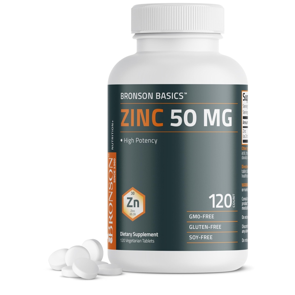 Bronson Zink 50 MG High Potency stöder hudhälsa - Icke-GMO, 120 vegetariska tabletter