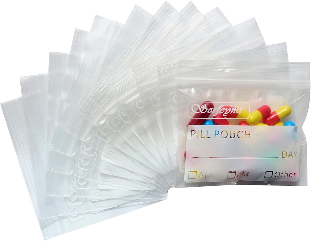 Serfeymi Pill Bags för Travel Pill Pouch Organizer Pack på 240 BPA Gratis 3 x 2,75 tum Återanvändbara Pill Pouches för Medicin med Skriv på Label & Zipper Seal Vattentät AM PM Pill Baggies för tillägg