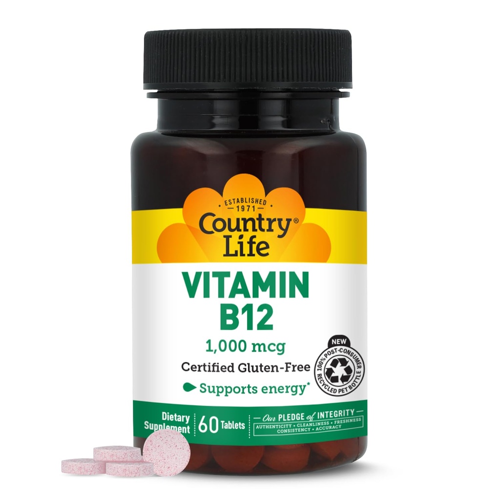 Country Life Vitamin B12 Supplement - Essential för hjärnfunktion, Nerve Health, Red Blood Cells - Perfekt för anemi förebyggande - Vegan vitamin B, 1000 mcg - Glutenfri, 60 tabletter