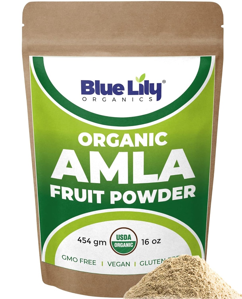 Blue Lily USDA Organic Amla Powder (Amalaki / Indian Gooseberry) 16oz (1lb) Återförsäljbar Kraft Bag, 100% Pure Amla Berry Powder, Rich i Antioxidant Vitamin C, Stöder hälsosamt immunsystem