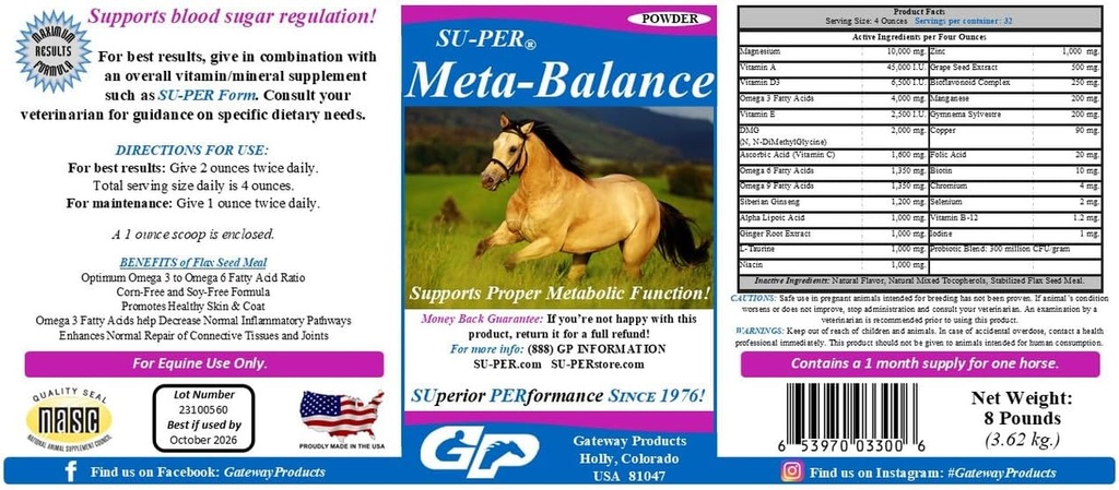 SU-PER Meta-Balance Horse Metabolic Support - Blodsockerförordning och Digestive Health Supplement - Häst Vitaminer och mineraler, Herbal Extracts, Probiotika - 8 pund, 1 månads leverans