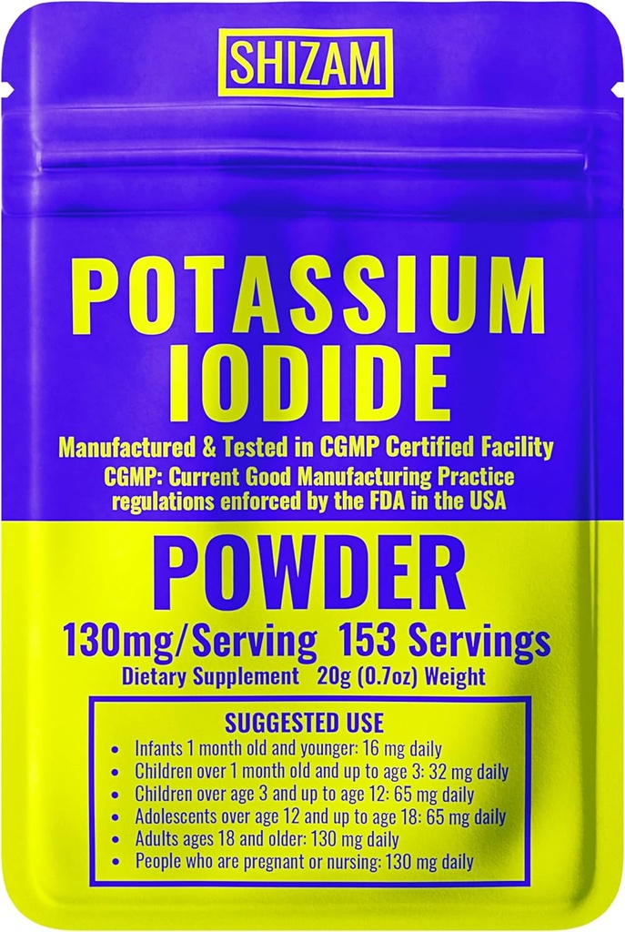 SHIZAM Potassium Iodide 130 mg 65 mg Powder Survival Kit Kits, KI Iodine Capsule Capsules Liquid Tincture Pill Pills Tablet Tablets Tabs Alt Supplement Supplement, prepping Supplies 130mg 65mg