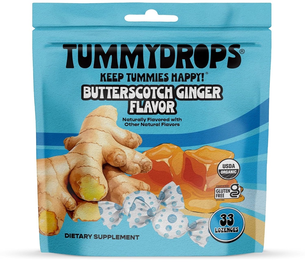 USDA Organic Butterscotch Ginger smak Tummydrops, Gluten Free & Vegan, 33 Organic Ginger Lozenges