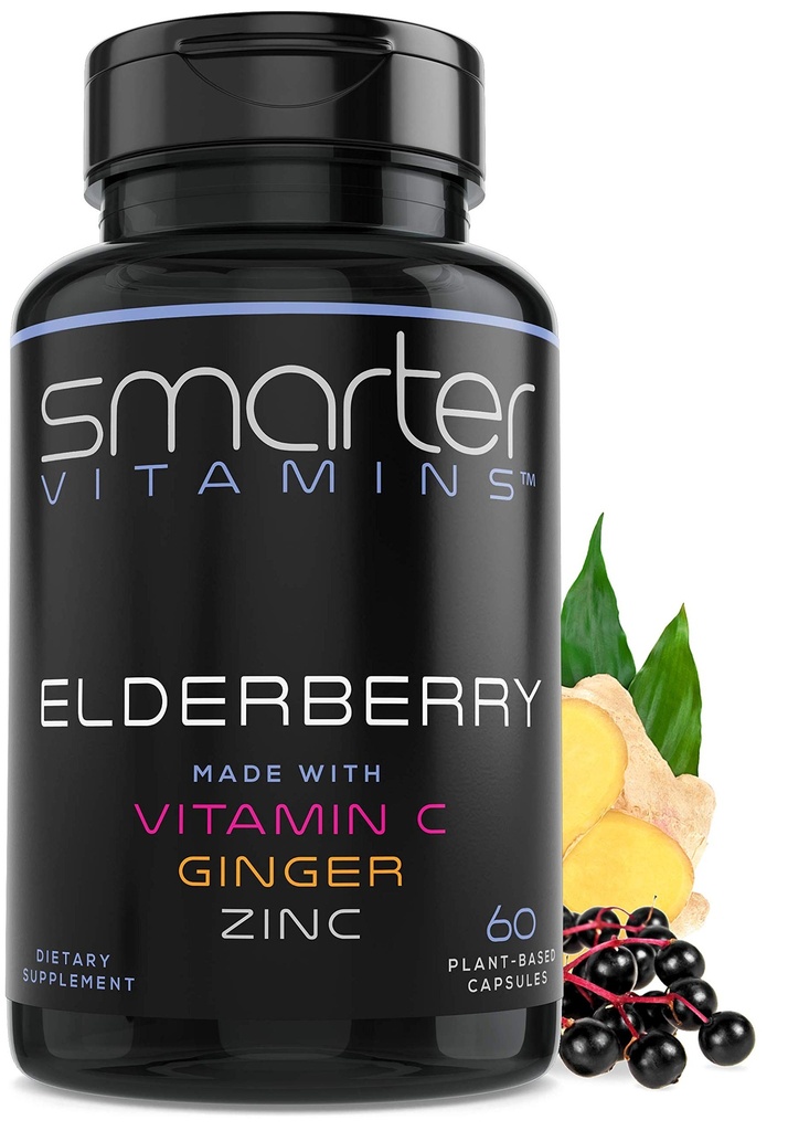 Smarter Elderberry Capsules + Vitamin C + Ginger & Zink, Herbal Supplement, kraftfull Black Elder Berry Extract Antioxidant Vitamin, 60 Vegan Pills