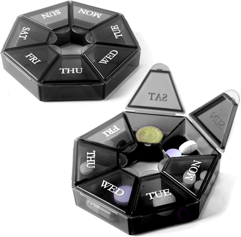 Deke Home - Small Weekly Pill Organizer (2 Pack), Round Pill Dispenser för resor, Mini Pill Organizer, Compact Medicine Holder, Pill Sorters 7 dagar, Portable Vitamin Container, BPA Free (Food Grade)