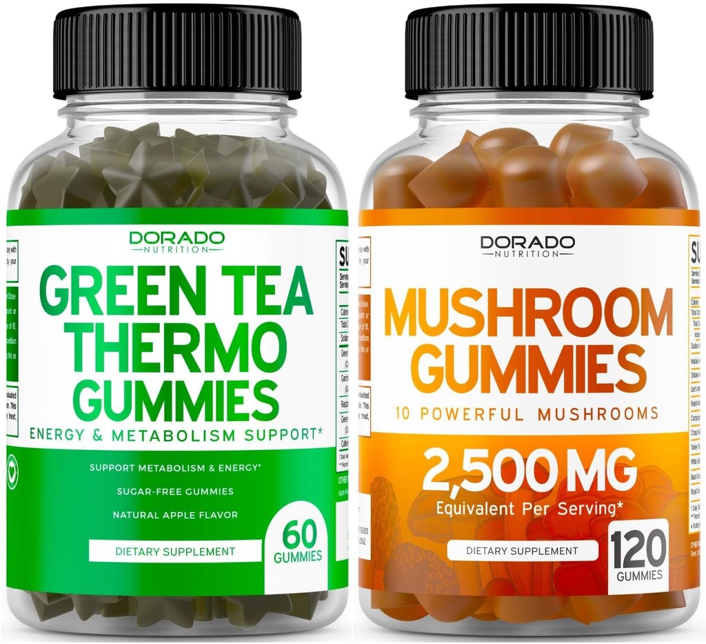 Mushroom 10 i 1 Blend (120 Gummies) Focus & Brain Mushroom Supplement och Green Tea Fat Burner Weight Loss (60 Count) Appetite Suppressant Weight Loss Supplement för Män & Kvinnor - Vegan & Made i USA