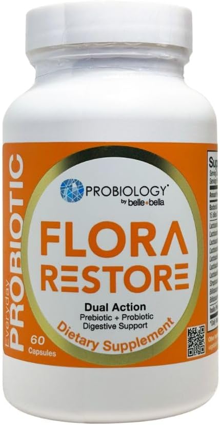 belle+bella Flora Restore Daily Probiotic - 15 Billion Live Cultures - Probiotics & Prebiotics for Digestive & Gut Health - Immune Support - Promotes Regularity - Vegan & Gluten Free - 60 Caps