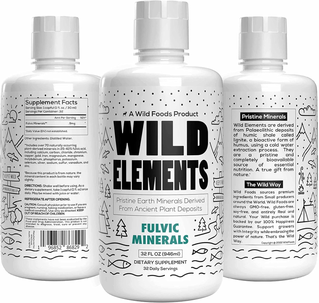 Wild Elements Gut Support Fulvic Acid Mineral Blend härrör från antika växtinsättningar, Heal Gut Lining, Förbättra kognition och immunitet, 70 + Mineraler, All Natural, 32 oz