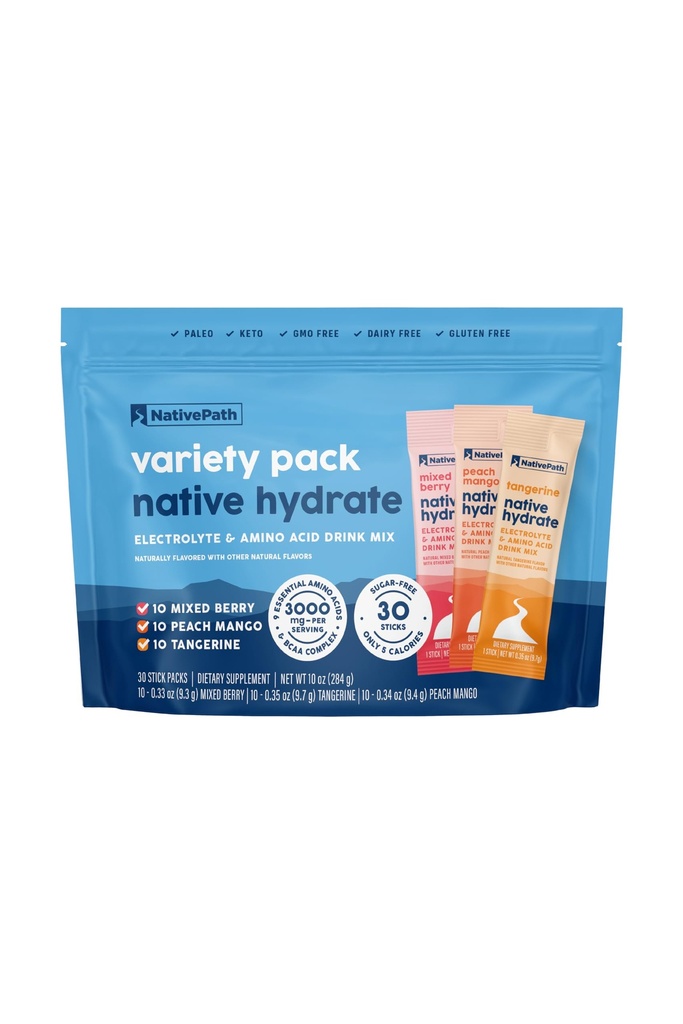NativePath Native Hydrate Stick Packs med elektrolyter och aminosyror, Variety Pack, Mixed Berry, Peach Mango, Tangerine, 30 portioner