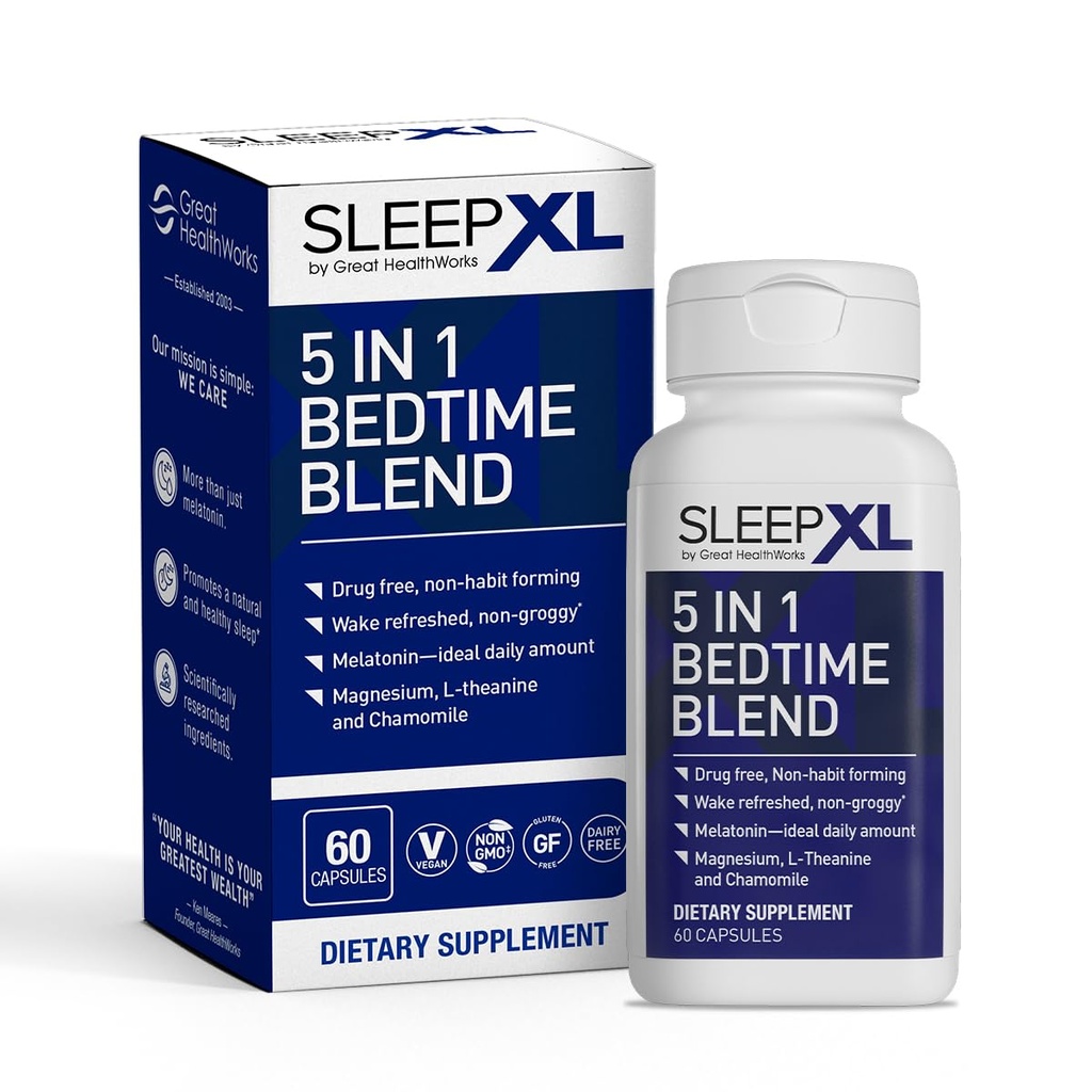 SleepXL Sleep Supplement Non-Habit-Forming Formel - Fall Asleep Faster & Sleep Longer - 5 viktiga ingredienser inkluderar Melatonin, L-Theanine, Chamomile, Magnesium & Vitamin B6 (60 kapslar, 30 portioner)