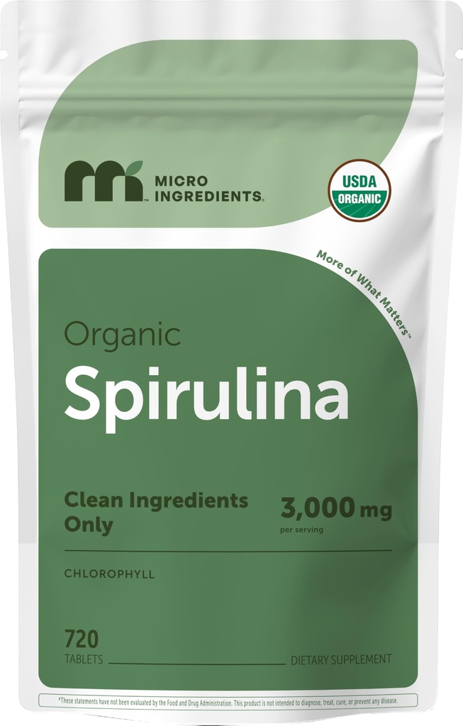 Micro Ingredients Organic Spirulina Supplement, 720 tabletter (4 månaders leverans), No Filler & Non-GMO, Rich i Vegan Protein, Vitaminer & Prebiotika, Premium Spirulina Pills