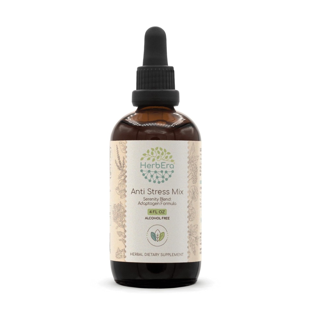 Anti Stress Mix B120 Alkoholfri extrakt tinktur, Eleuthero Root, Rhodiola Root, Schisandra Berry, Gotu Kola Herb, Holy Basil Herb. Serenity Blend: Adaptogen Formel 4 Fl Oz