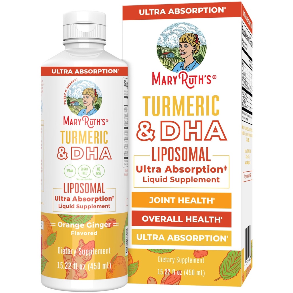 MaryRuth Organics | Liposomal Turmeric & DHA | Curcumin | Ginger Root Oil | Algal DHA & Vitamin E | Kognitiv funktion | Mood Support | Gemensam hälsa | Liquid Supplement | 15.22 oz