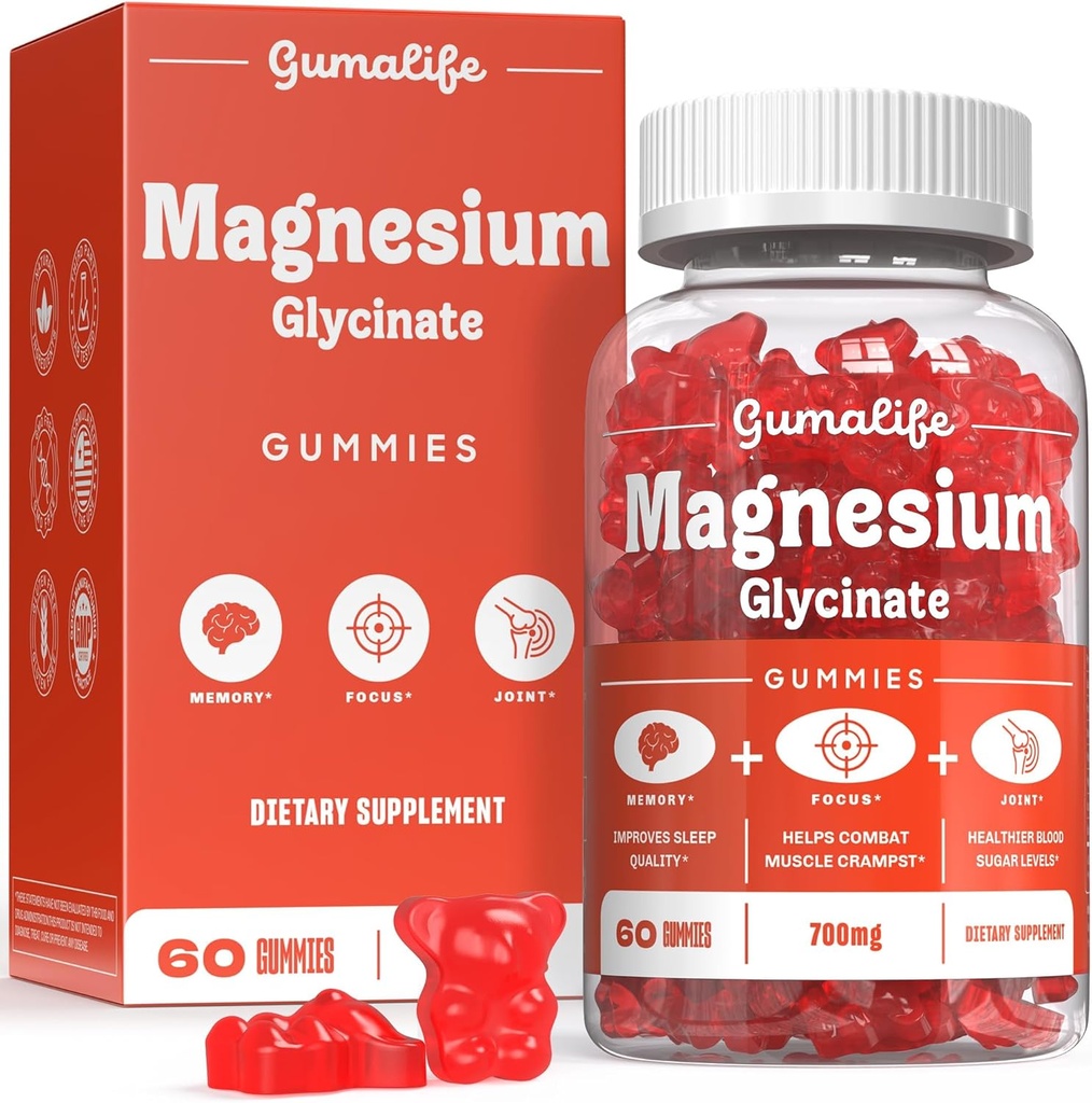 Gumalifes 700mg Magnesium Glycinate Gummies Enhance Relaxation, som erbjuder en sockerfri blandning av fördelaktiga näringsämnen. Varje låda innehåller 60 grejer (60 grejer, Boysenberry)