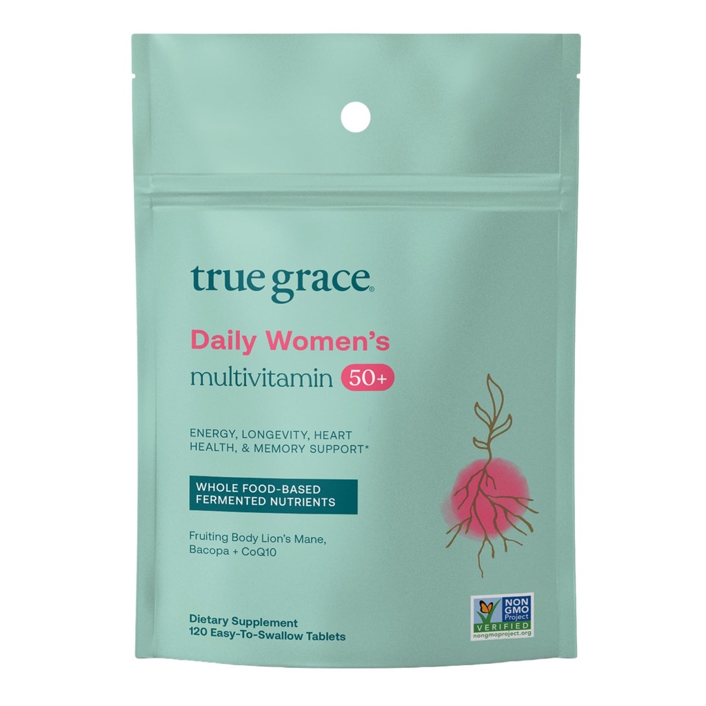 True Grace Daily Women’s Multivitamin 50+ - 120 Easy-to-Swallow Tablets - Immune, Energy, Longevity & Memory Support - Vegan - Gluten, Soy & Iron Free - 60 portioner