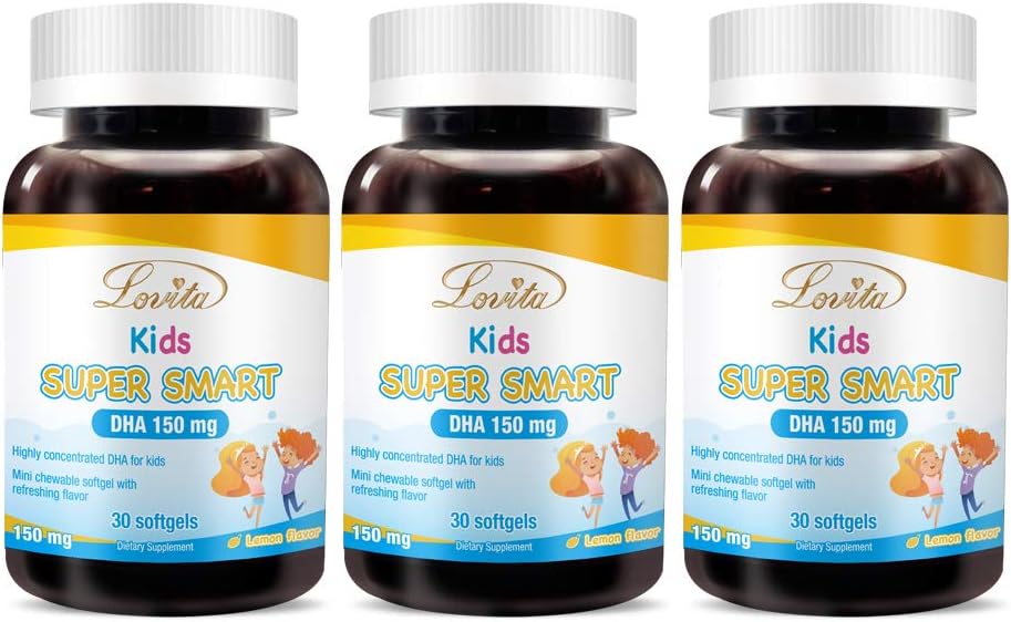 Lovita Kids Super Smart DHA, 150mg DHA och 30mg EPA av Omega 3 fettsyror, stöder hjärnhälsa, naturlig citronsmak, 30 Chewable Softgels (Pack of 3)