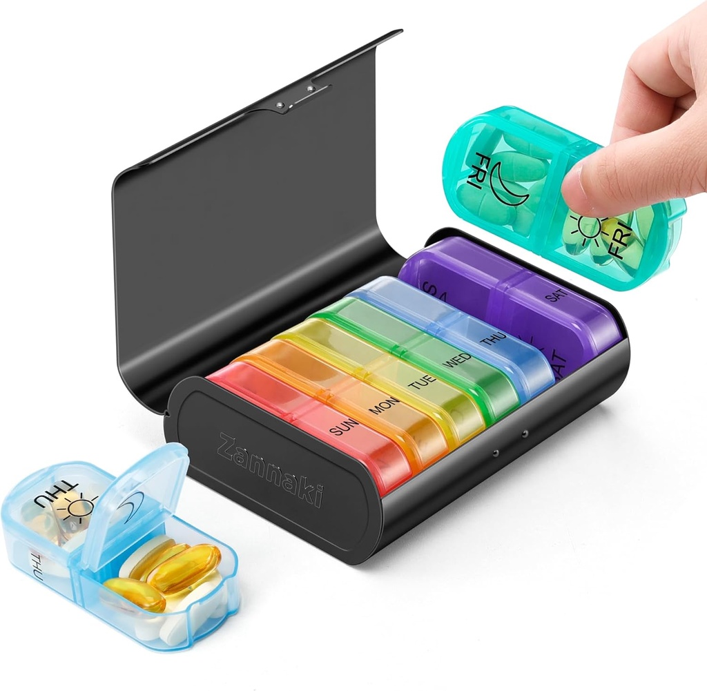 Zannaki Metal XL Weekly Pill Organizer 2 gånger om dagen, Large Travel Daily Pill Box 7 Day, Portable Week Twice Pill Holder Container, AM PM Pill Case för medicin Vitamin Medication Supplement, Svart