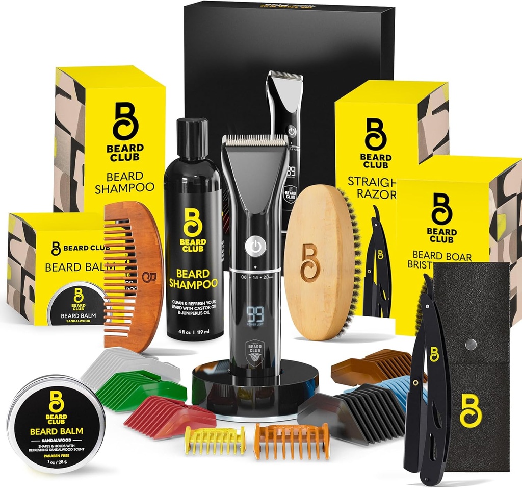 The Beard Club Mäns Grooming Kit med Professional Cordless Electric Rechargeable Hair & Mustache / Beard Trimmer, Straight Edge Razor, Shampoo, Balm, Brush & Comb Gift Set