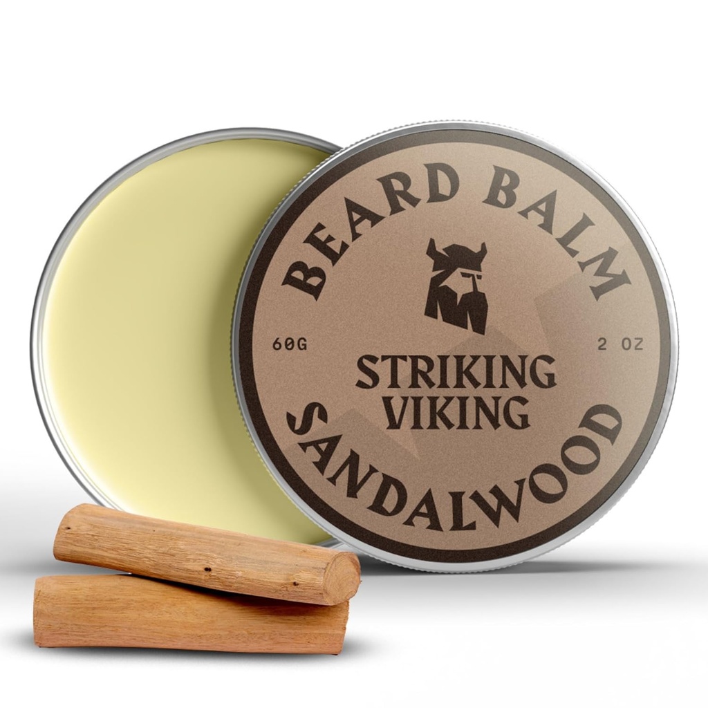 Strejkande Viking Beard Balm för män - Lämna i skägg Conditioner - Styling Balm Made med naturligt härledda skägg smör, Argan & Jojoba oljor (2 Ounce (Pack of 1), Sandalwood)