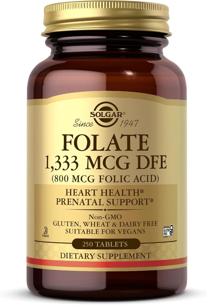 Solgar Folate 1,333 mcg DFE (Folic Acid 800 mcg) - 250 tabletter - Prenatal Support - Non-GMO, Vegan, Gluten Free, Dairy Free, Kosher - 250 portioner