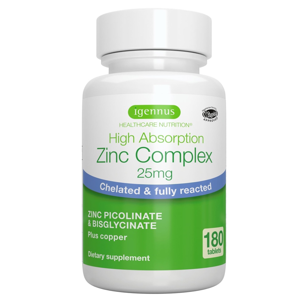 Igennus Clean Chelated Zink 25mg med Copper, Fullt Reaged Picolinate & Bisglycinate, High Absorption Complex, Supplement for Women & Men, Lab Verified, Non-GMO, Immune & Skin Support, 6 månaders leverans