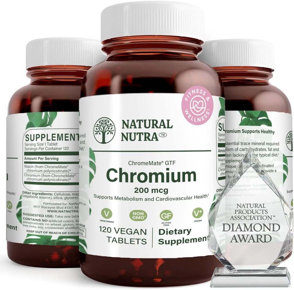 Natural Nutra GTF Chromium Polynicotinate med ChromeMate, stöder kroppsmetabolism, stöd hjärthälsa, underhåll kroppsfettnivå, förbättrad matsmältning, kardiovaskulär hälsa, 200 mcg, 120 Vegan tabletter