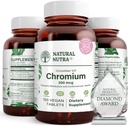 Natural Nutra GTF Chromium Polynicotinate med ChromeMate, stöder kroppsmetabolism, stöd hjärthälsa, underhåll kroppsfettnivå, förbättrad matsmältning, kardiovaskulär hälsa, 200 mcg, 120 Vegan tabletter