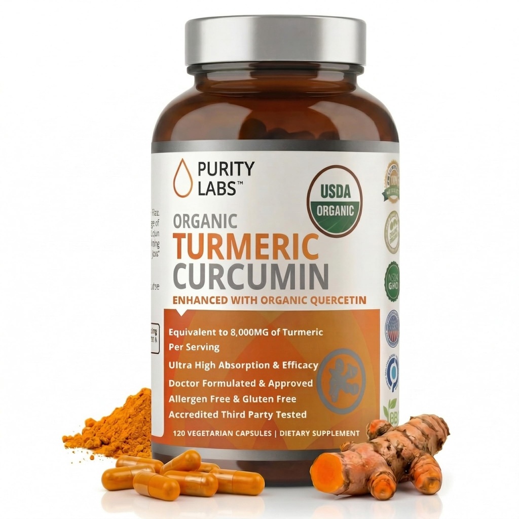 Purity Labs Organic Turmeric Curcumin Supplement med Piperine 2,250 MG / Serving | 95% Curcuminoids Turmeric Supplements, Antioxidant Joint Pain Relief, Muscle & Brain Support | Non-GMO - 120 kapslar