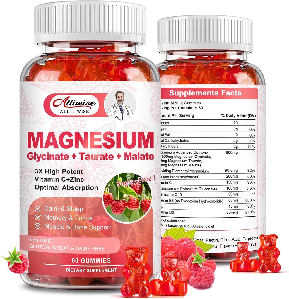 Magnesium Supplement Complex Gummies, Sugar-Free Magnesium Glycinate 500mg for Adults and Kids, with Taurate 200mg, Malate, Calcium, COQ10, Multivitamin for Sleep, Heart & Bone Health