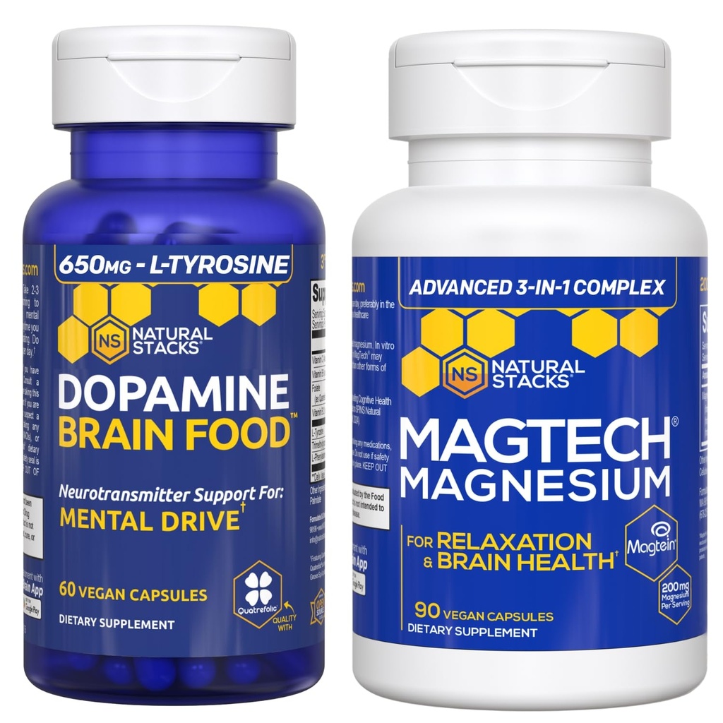 NATURAL STACKS Dopamine Brain Food + Magtech Magnesium Bundle - Chelated Magnesium Complex - Supports Brain Health & Mental Drive* - 150 Total Capsules