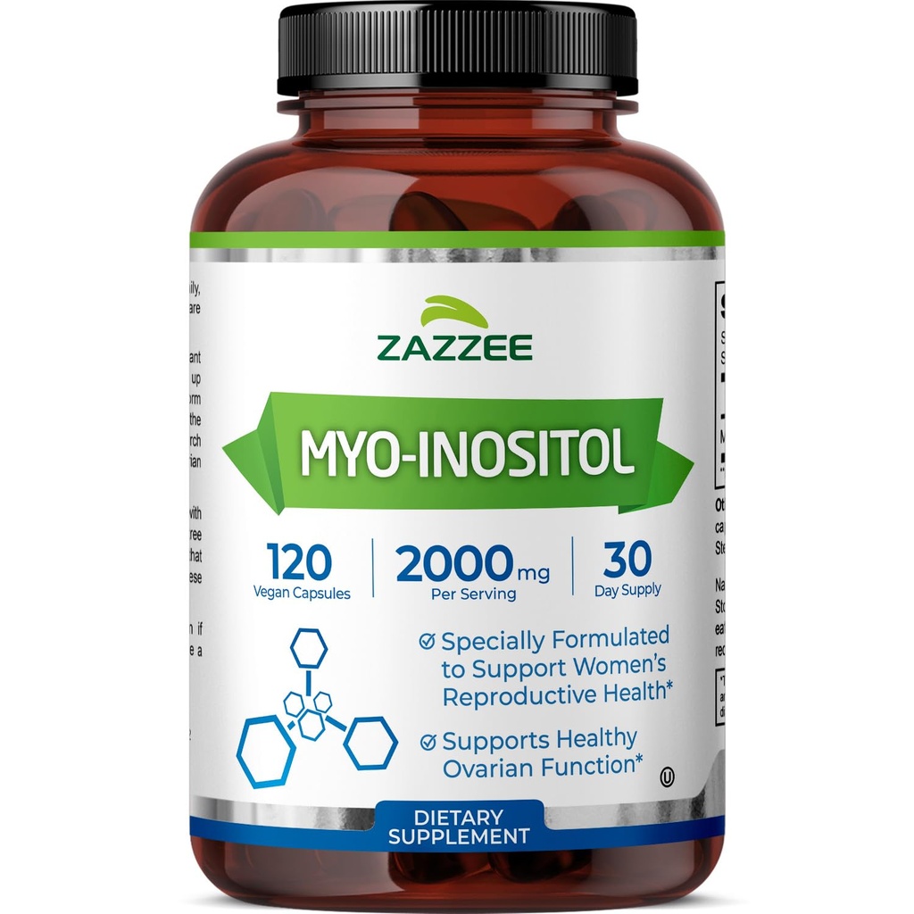 Zazzee Myo-Inositol kapslar, 2000 mg per servering, 120 Vegan kapslar, ideal dosering för 40:1 Ratio, 100% vegetarisk, hormonbalans och hälsosam äggstocksfunktion stöd, helt naturlig och icke-GMO